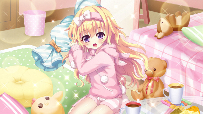 1girl :o bed bird blonde_hair bow bowtie chick coaster cracker cup dot_nose drink film_grain food full-length_mirror game_cg hairband hasegawa_mii holding holding_pillow hood izumi_tsubasu lens_flare long_hair looking_at_viewer non-web_source official_art open_mouth pajamas pillow pink_hairband pink_pajamas pink_shorts pink_socks plaid plaid_bow plaid_bowtie pocky polka_dot pom_pom_(clothes) purple_eyes rabbit_pajamas re:stage! red_bow red_bowtie rug shorts sitting socks solo sparkle sparkling_eyes striped striped_shorts stuffed_animal stuffed_toy teddy_bear teeth trash_can upper_teeth_only wariza wooden_door