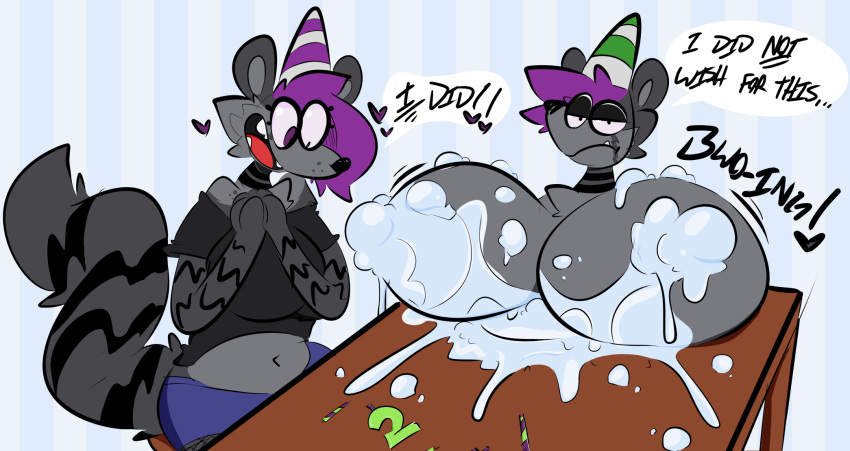 badsheep big_breasts birthday birthday_cake birthday_hat birthday_party breasts cake cell_shade dessert duo effects excited_female food gender_transformation hi_res huge_breasts hyena hyper hyper_breasts looking_down magic mammal max_(maxfloof) maxfloof maxine_(maxfloof) surprise transformation