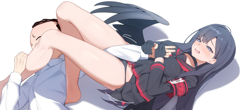 1boy 1girl absurdres armband armbar black_choker black_gloves black_panties black_sailor_collar black_serafuku black_skirt black_wings blue_archive blue_eyes blue_hair blush breasts choker clothes_lift collared_shirt commission english_commentary gloves grabbing_another's_arm grabbing_another's_hand highres ichika_(blue_archive) long_hair medium_breasts panties parted_bangs red_armband sailor_collar school_uniform sensei_(blue_archive) serafuku shiratategosha shirt simple_background skeb_commission skirt skirt_lift smile underwear white_shirt wings