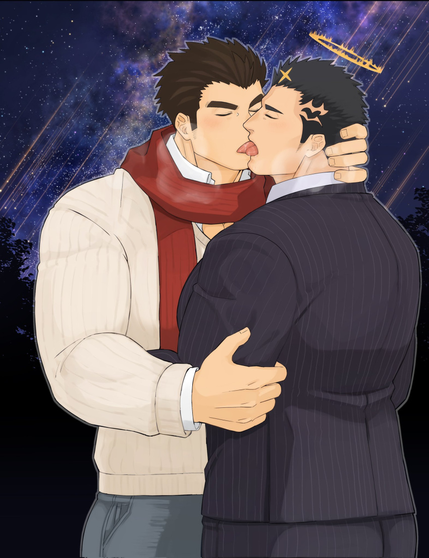 2boys alternate_costume ass bara beard_stubble black_hair black_suit blush breath brown_sweater closed_eyes commentary_request commission contemporary couple facial_hair formal french_kiss from_side grabbing_another's_arm halo hand_on_another's_neck harada_(basashi) highres kiss large_pectorals long_sideburns male_focus mature_male multiple_boys muscular muscular_male mustache_stubble official_alternate_costume pants pectorals protagonist_3_(housamo) red_scarf saliva scarf second-party_source short_hair sideburns skeb_commission striped striped_pants striped_suit stubble suit sweater thick_eyebrows tokyo_afterschool_summoners tongue tongue_out watermark winter_clothes yaoi zabaniyya_(fashionista_suit)_(housamo) zabaniyya_(housamo)
