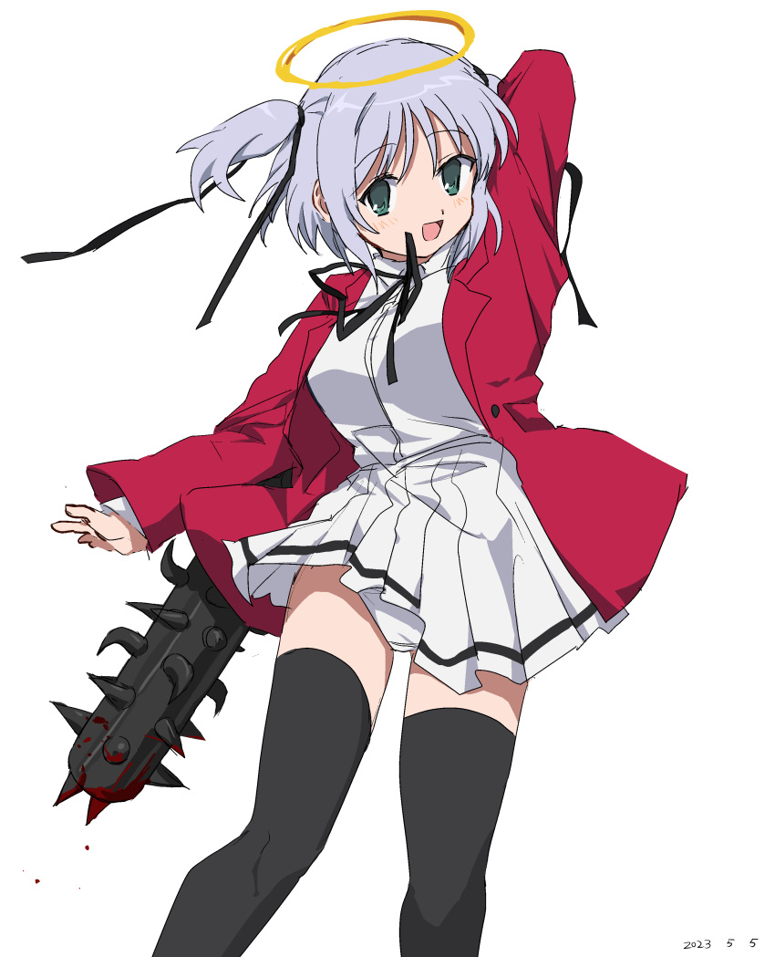 1girl absurdres black_thighhighs blazer bokusatsu_tenshi_dokuro-chan green_eyes halo highres jacket long_sleeves looking_at_viewer mitsukai_dokuro open_clothes open_jacket open_mouth panties pantyshot red_jacket school_uniform skirt solo takatisakana thighhighs two_side_up underwear white_hair white_panties white_skirt