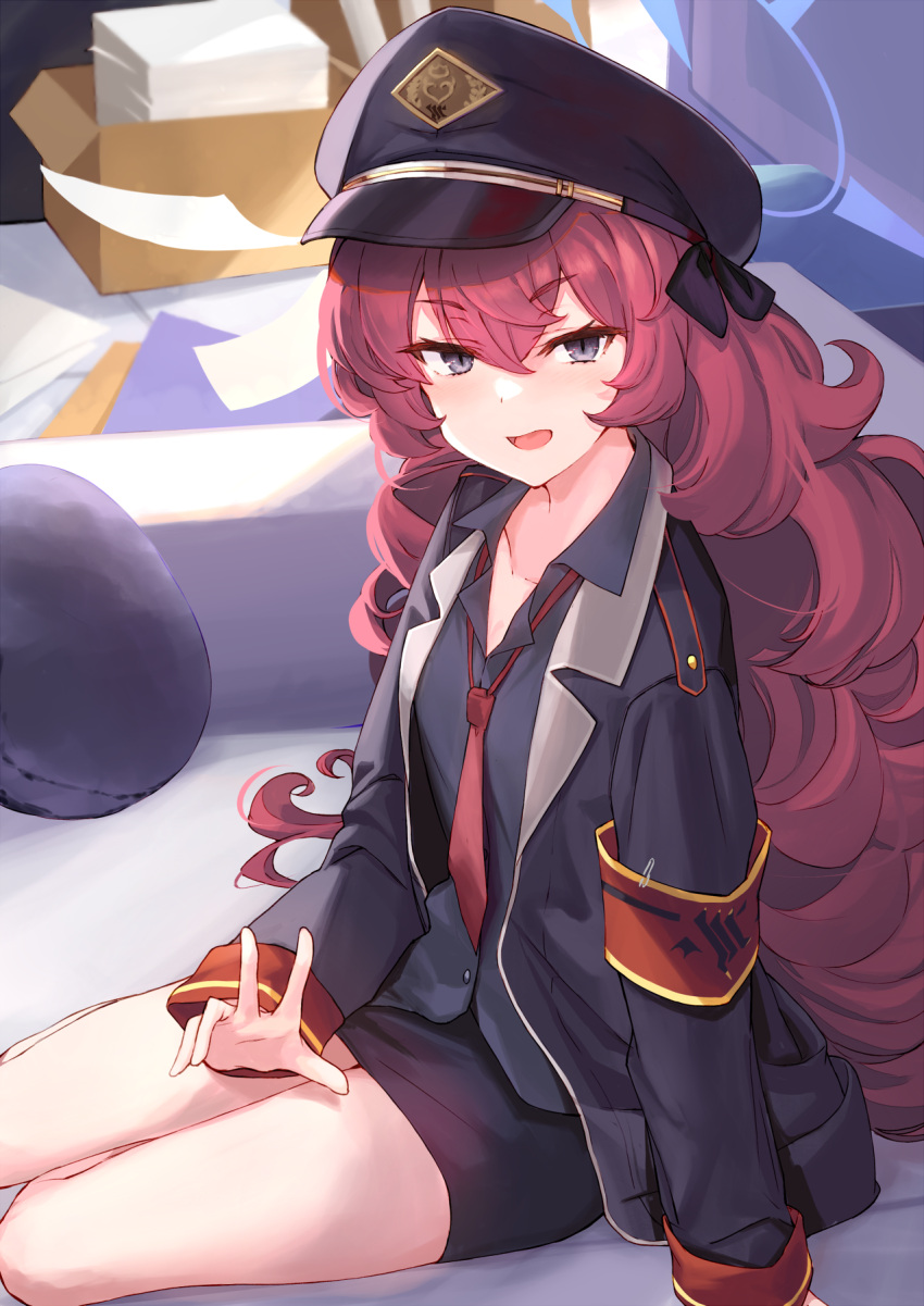 1girl black_headwear blue_archive blush breasts grey_eyes halo hat highres iroha_(blue_archive) long_hair looking_at_viewer ninoude_(ninoude44) peaked_cap red_hair small_breasts smile solo wavy_hair