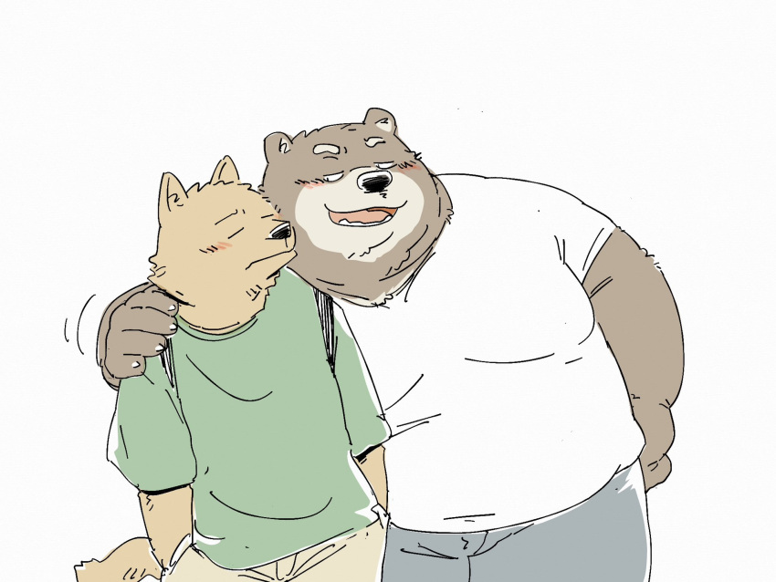 2023 anthro bear belly big_belly black_nose blush bottomwear brown_body canid canine canis clothing domestic_dog duo embrace eyes_closed hi_res hug kemono male mammal overweight overweight_male pants pommn_mn shirt topwear