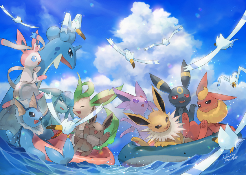bird blue_eyes character_print cloud commentary_request day eevee espeon flareon flying glaceon highres innertube jolteon kikuyoshi_(tracco) lapras leafeon no_humans open_mouth outdoors pokemon pokemon_(creature) signature sky sylveon umbreon vaporeon wailmer water wingull