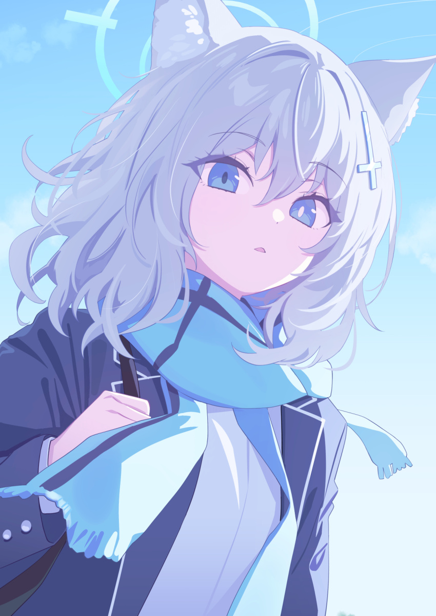 1girl animal_ear_fluff animal_ears black_jacket blue_archive blue_eyes blue_halo blue_scarf blue_sky cloud commentary cross_hair_ornament day deadnooodles fringe_trim grey_hair hair_between_eyes hair_ornament halo hand_up highres jacket long_sleeves looking_at_viewer mismatched_pupils open_clothes open_jacket outdoors parted_lips scarf shiroko_(blue_archive) shirt sky solo symbol-only_commentary upper_body white_shirt wolf_ears