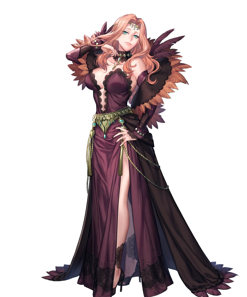 1girl aqua_eyes breasts cornelia_arnim dress feather_trim fingernails fire_emblem fire_emblem:_three_houses fire_emblem_heroes highres jewelry large_breasts lips long_dress long_hair nail_polish non-web_source official_art p-nekor pink_hair plunging_neckline solo tiara transparent_background