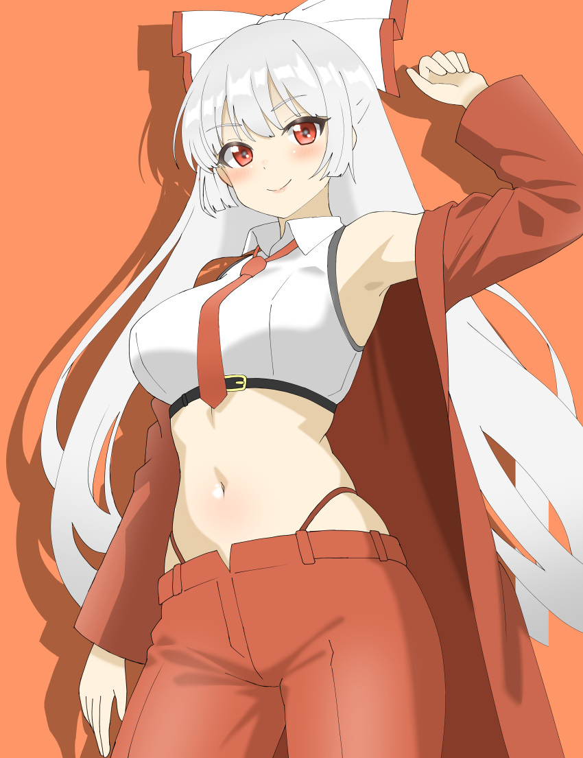 1girl absurdres adapted_costume bow breasts closed_mouth commentary cowboy_shot crop_top fujiwara_no_mokou grey_hair hair_bow highres jacket large_breasts long_hair looking_at_viewer navel necktie pants red_background red_eyes red_jacket red_necktie red_pants shirokumall simple_background sleeveless smile solo suspenders touhou white_bow