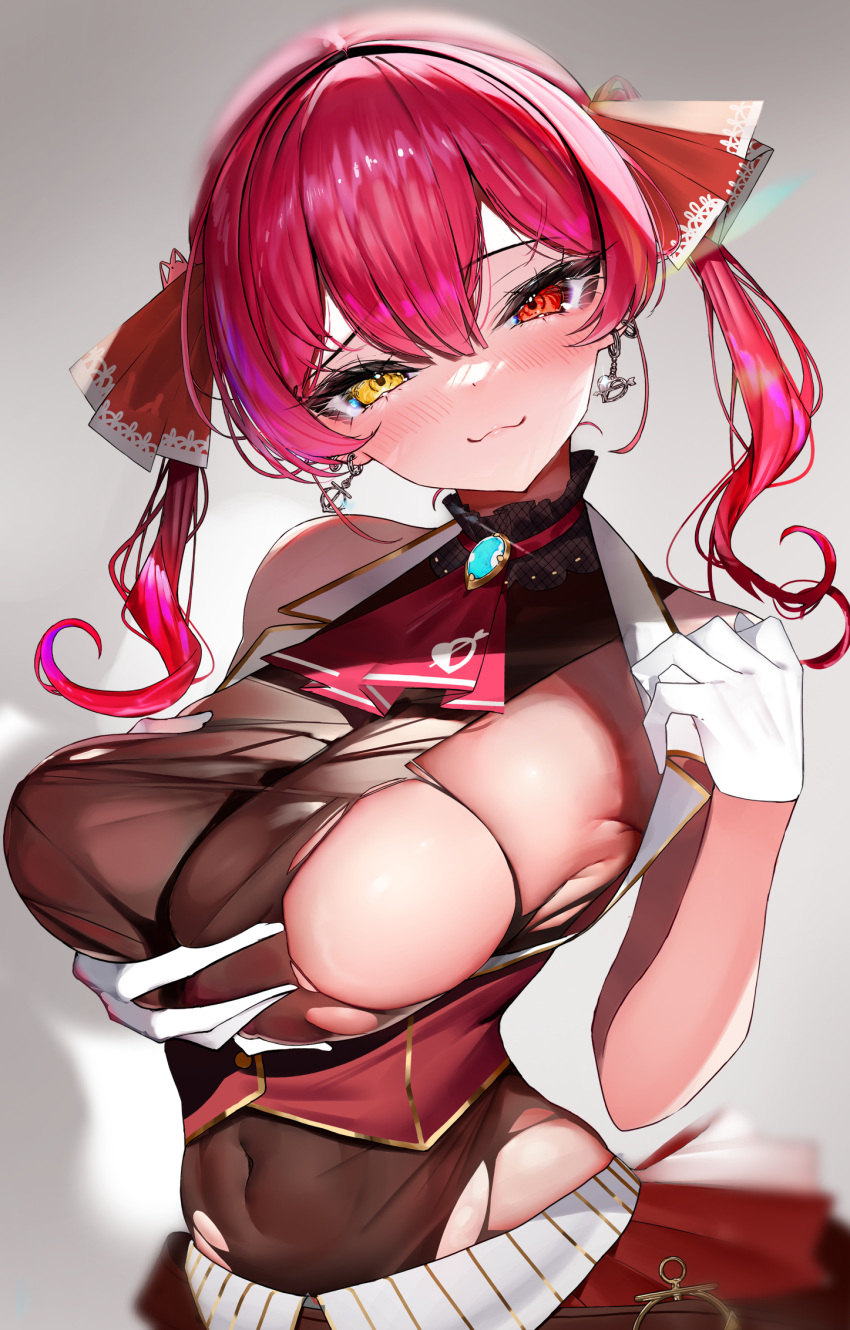 1girl :3 armpits arrow_through_heart black_choker bow breasts brooch choker cleavage cropped_jacket earrings frilled_choker frills gloves gold_trim grabbing_own_breast hair_bow hair_ornament hair_ribbon heart heart_earrings heterochromia highres hololive houshou_marine jacket jewelry large_breasts leotard leotard_under_clothes looking_at_viewer lumium miniskirt pirate red_eyes red_hair red_jacket red_ribbon red_skirt ribbon see-through see-through_leotard skirt sleeveless sleeveless_jacket torn_clothes torn_leotard twintails virtual_youtuber white_gloves yellow_eyes