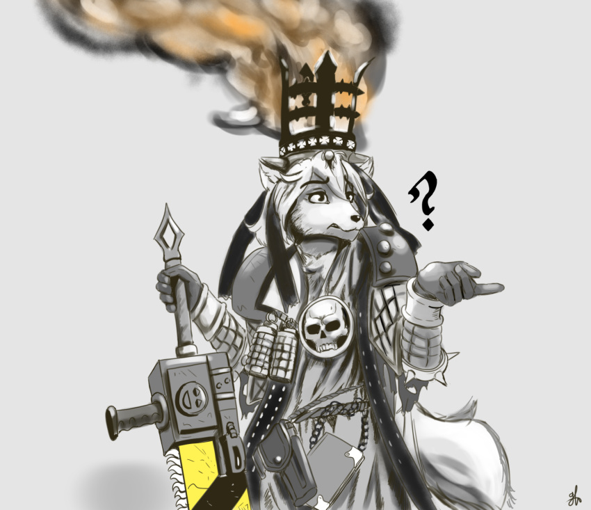 2023 ambiguous_gender anonymous_artist anthro armor canid canine canis chainsword clothing clovis_(twokinds) confusion cosplay explosives fire fox grenade hi_res hybrid klovis_the_redeemer mammal monochrome question_mark robe signature simple_background solo twokinds unknown_artist warhammer_(franchise) warhammer_40000 weapon webcomic wolf