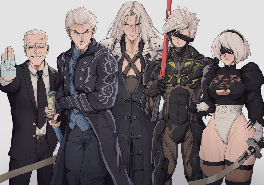 1girl 4boys bare_hips belt biden_blast black_coat black_hairband black_necktie black_pants black_suit blindfold bob_cut breasts clothing_cutout coat collared_shirt commentary cowboy_shot cyborg devil_may_cry_(series) english_commentary eyepatch final_fantasy final_fantasy_vii formal grin hair_slicked_back hairband hf_murasama highres holding holding_sword holding_weapon joe_biden juliet_sleeves katana leotard long_hair long_sleeves looking_at_viewer medium_breasts metal_gear_(series) metal_gear_rising:_revengeance mole mole_under_mouth multiple_boys necktie nier:automata nier_(series) pants puffy_sleeves raiden_(metal_gear) real_life science_fiction sephiroth shirt shirt_tucked_in smile standing suit sword thick_thighs thighhighs thighs toned trait_connection underboob underboob_cutout vergil_(devil_may_cry) weapon white_hair white_leotard white_shirt yoracrab yorha_no._2_type_b