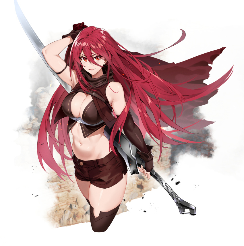 1girl arm_behind_head arm_strap arm_up arm_warmers armpits bare_shoulders belt breasts brown_gloves brown_shirt brown_shorts brown_thighhighs character_request cleavage cleavage_cutout clothing_cutout crop_top cropped_legs fingerless_gloves floating_hair gloves hair_between_eyes highres holding holding_sword holding_weapon large_breasts long_hair looking_at_viewer midriff navel official_art open_mouth red_eyes red_hair revealing_clothes reverse_grip s-rank_boukensha_de_aru_ore_no_musume_tachi_wa_juudo_no_fathercon_deshita scarf shirt short_shorts shorts shunichi simple_background sleeveless sleeveless_shirt smile solo stomach sword thighhighs thighs v-shaped_eyebrows very_long_hair weapon white_background
