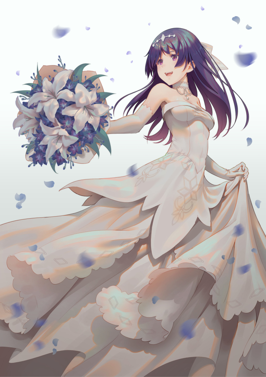 1girl :d alice_gear_aegis bare_shoulders bouquet bow breasts choker commentary_request dress elbow_gloves flower gloves hair_bow highres holding holding_bouquet layered_dress long_dress long_hair medium_breasts nikotama_mai open_mouth petals pinakes purple_eyes purple_flower purple_hair skirt_hold sleeveless sleeveless_dress smile solo strapless strapless_dress teeth upper_teeth_only wedding_dress white_background white_bow white_choker white_dress white_flower white_gloves