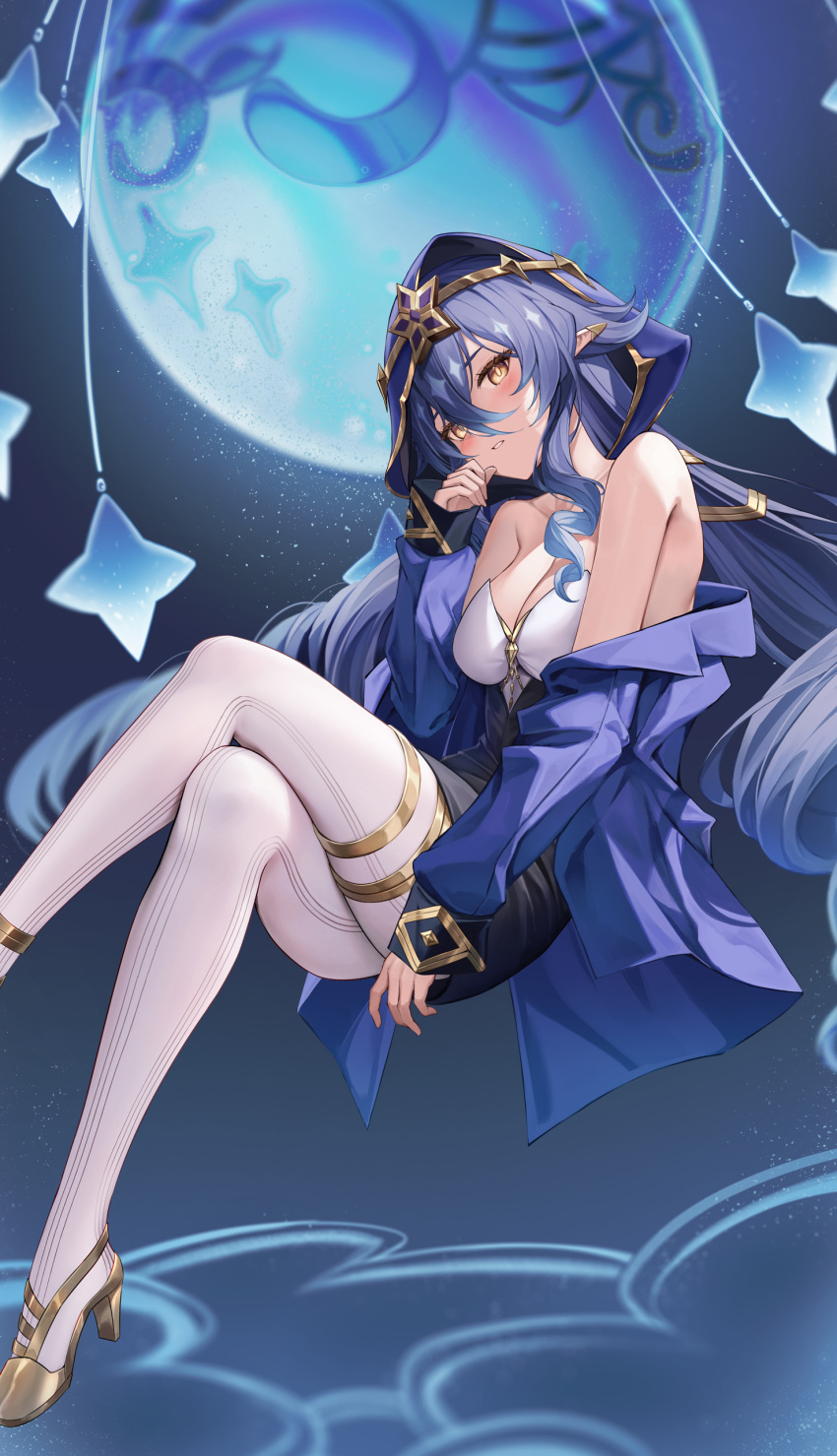 1girl absurdres alternate_costume bare_shoulders blue_hair blue_hood blue_jacket blush breasts cleavage collarbone crossed_legs dress drill_hair drill_sidelocks foot_out_of_frame full_body genshin_impact globe gold_footwear gold_trim gradient_background hair_between_eyes hand_on_own_face hand_up head_tilt high_heels highres hood hood_up jacket layla_(genshin_impact) long_bangs looking_at_viewer lunacle medium_breasts off_shoulder pantyhose parted_lips pointy_ears ringlets sidelocks sitting sleeveless sleeveless_dress solo thighlet twin_drills white_pantyhose yellow_eyes