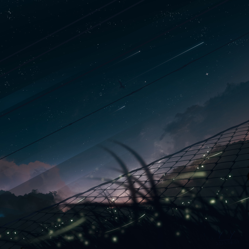 absurdres bird chain-link_fence cloud commentary_request dark fence fireflies grass highres light_particles night night_sky no_humans original outdoors power_lines scenery shooting_star sky star_(sky) starry_sky y_y_(ysk_ygc)