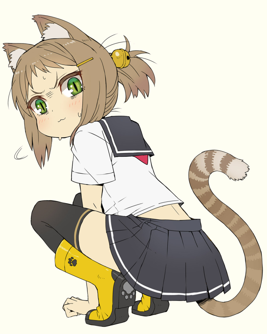 1girl :3 animal_ears boots brown_hair cat_ears cat_girl cat_tail green_eyes highres itou_(onsoku_tassha) original ponytail rubber_boots school_uniform serafuku simple_background solo squatting sweat tail thighhighs