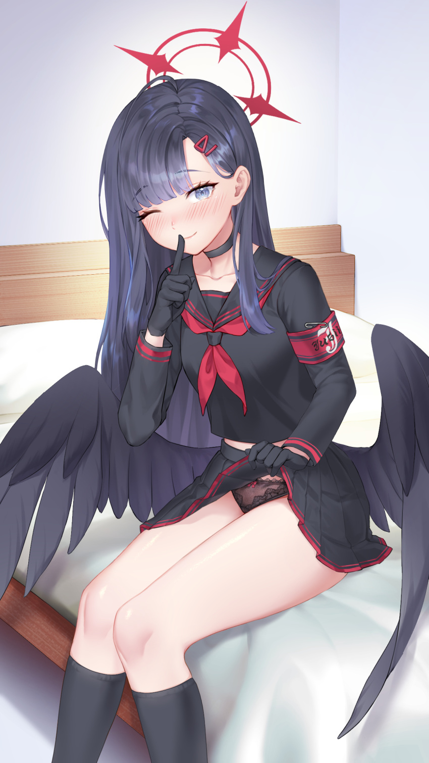 1girl aesice armband bed black_choker black_gloves black_hair black_panties black_sailor_collar black_serafuku black_skirt black_socks black_wings blue_archive blush choker closed_mouth clothes_lift feet_out_of_frame gloves grey_eyes hair_ornament hairclip halo highres ichika_(blue_archive) lifted_by_self long_hair long_sleeves looking_at_viewer low_wings navel neckerchief one_eye_closed panties pillow pleated_skirt red_armband red_halo red_neckerchief safety_pin sailor_collar school_uniform serafuku sitting skirt skirt_lift smile socks solo underwear wings