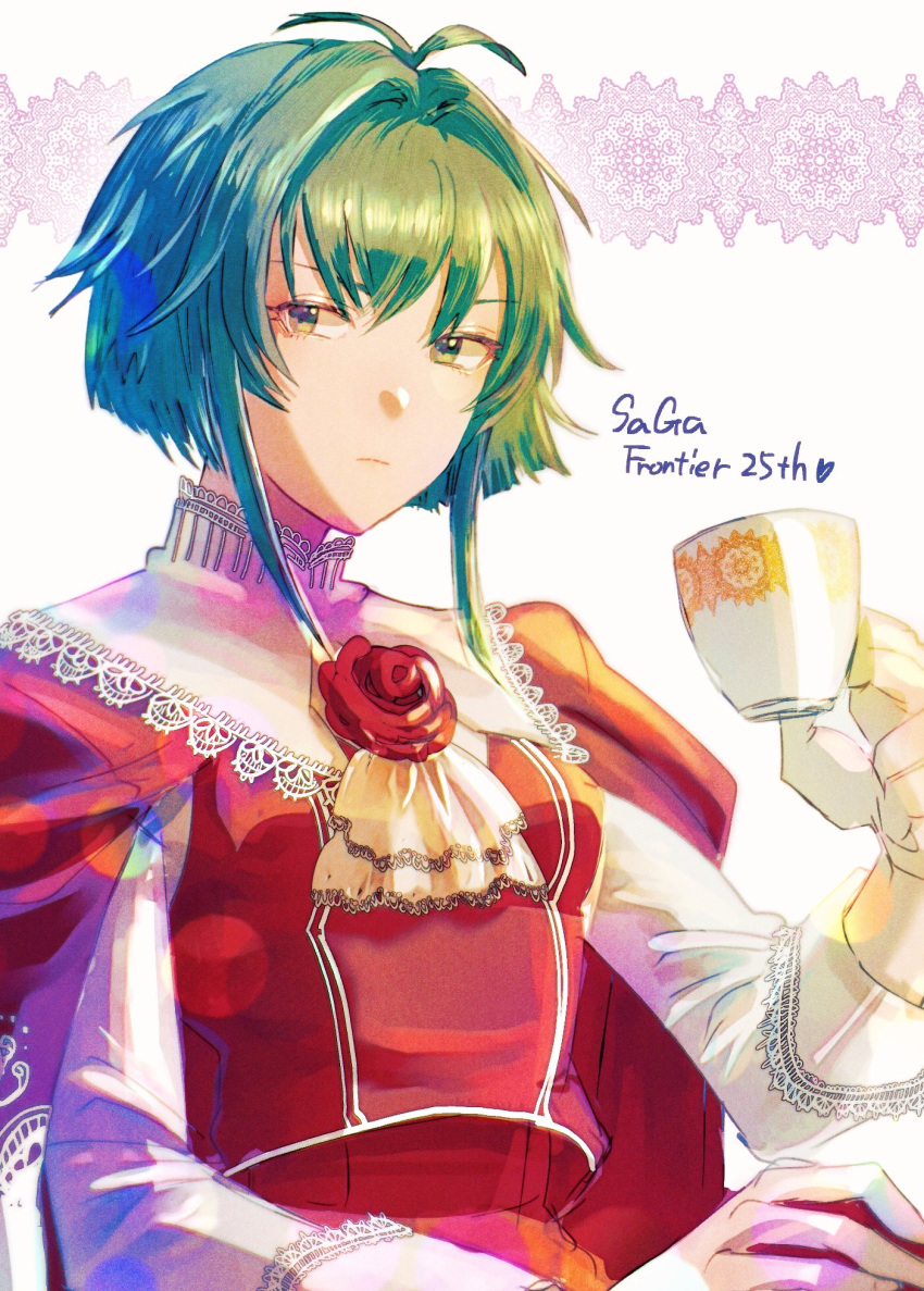 1girl asellus_(saga_frontier) breasts cape closed_mouth copyright_name cup flower green_eyes green_hair highres holding holding_cup looking_at_viewer miyama_(lacrima01) red_cape red_flower red_rose rose saga saga_frontier short_hair solo teacup