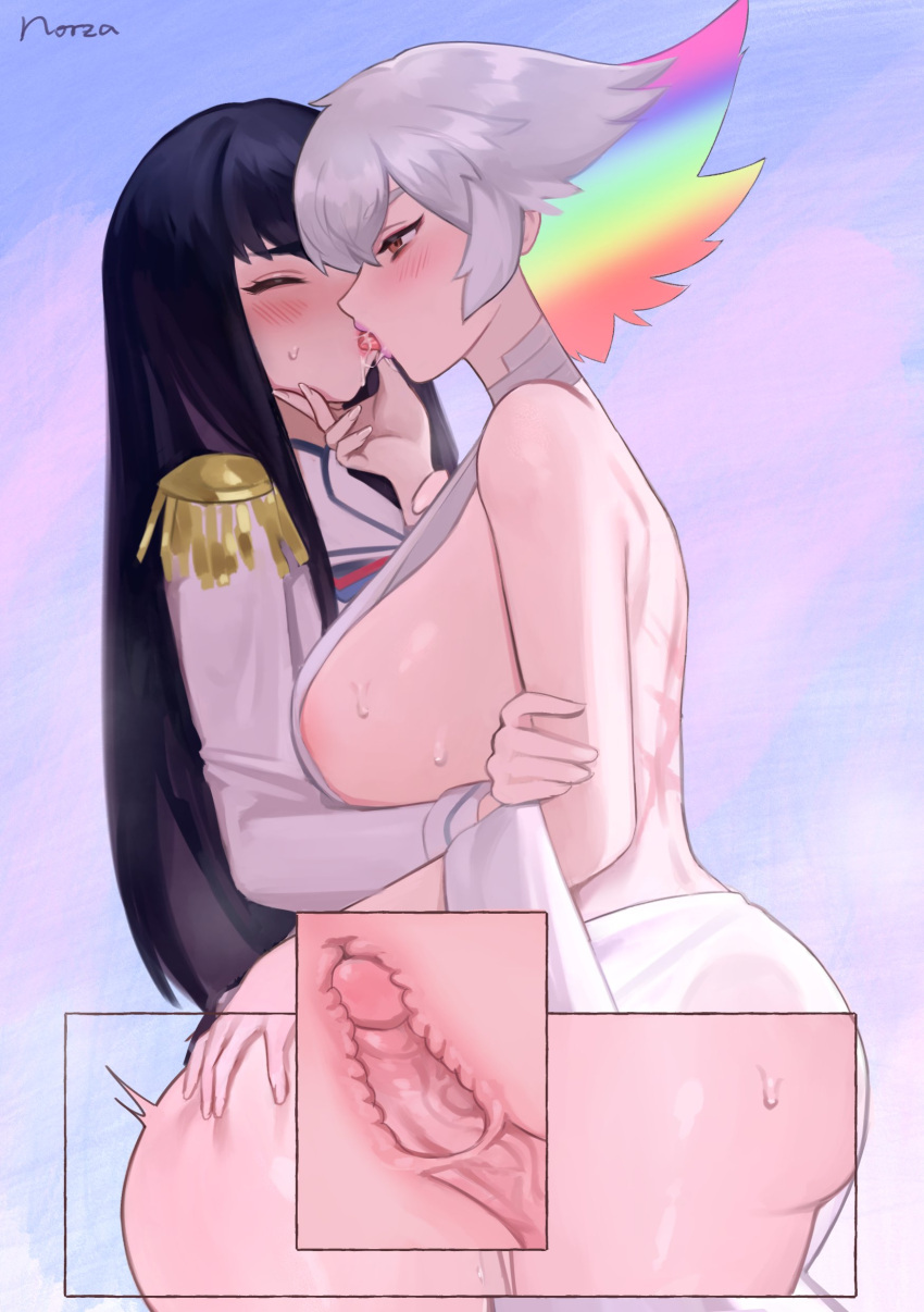 2girls absurdres black_hair blush breasts closed_eyes cross-section dress food french_kiss from_side futa_with_female futanari highres incest kill_la_kill kiryuuin_ragyou kiryuuin_satsuki kiss large_breasts looking_at_another mature_female mother_and_daughter multicolored_hair multiple_girls norza penis pocky pocky_day pocky_kiss scar scar_on_back sex smile standing_missionary suggestive_fluid sweat thighs tongue tongue_out uncensored vaginal