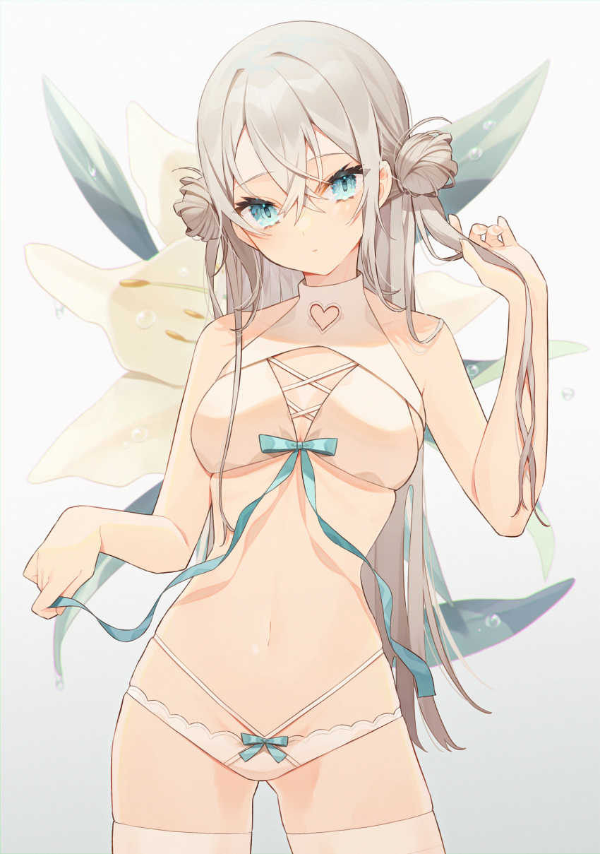1girl absurdres bare_arms bare_shoulders blue_eyes bow bow_panties breasts closed_mouth clothing_cutout commentary_request double_bun floral_background flower grey_background grey_hair hair_between_eyes hair_bun hand_up head_tilt heart_cutout highres holding holding_hair long_hair minasenagi navel original panties small_breasts solo standing thighhighs underwear very_long_hair white_flower white_panties white_thighhighs