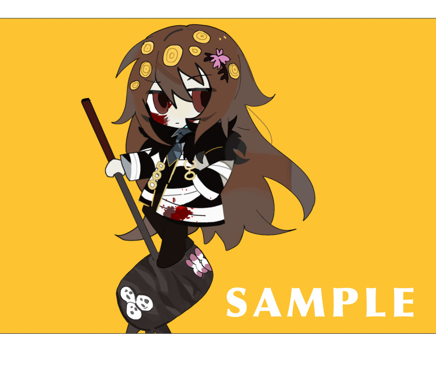 1girl @_@ bandages black_coat black_footwear black_pants black_vest blood blood_on_clothes blood_on_face blood_splatter blue_shirt boots border brown_eyes chain chibi closed_mouth coat collared_coat collared_shirt e.g.o_(project_moon) employee_(lobotomy_corporation) english_text extra_eyes flower fur-trimmed_collar fur_trim gold_chain gold_trim hair_flower hair_ornament hand_in_pocket highres holding holding_mallet knee_boots light_frown lobotomy_corporation long_hair long_sleeves looking_at_viewer mallet open_clothes open_coat pants pink_flower project_moon sample_watermark shirt solo tiankong_yiji very_long_hair vest watermark wavy_eyebrows white_border yellow_background yellow_eyes