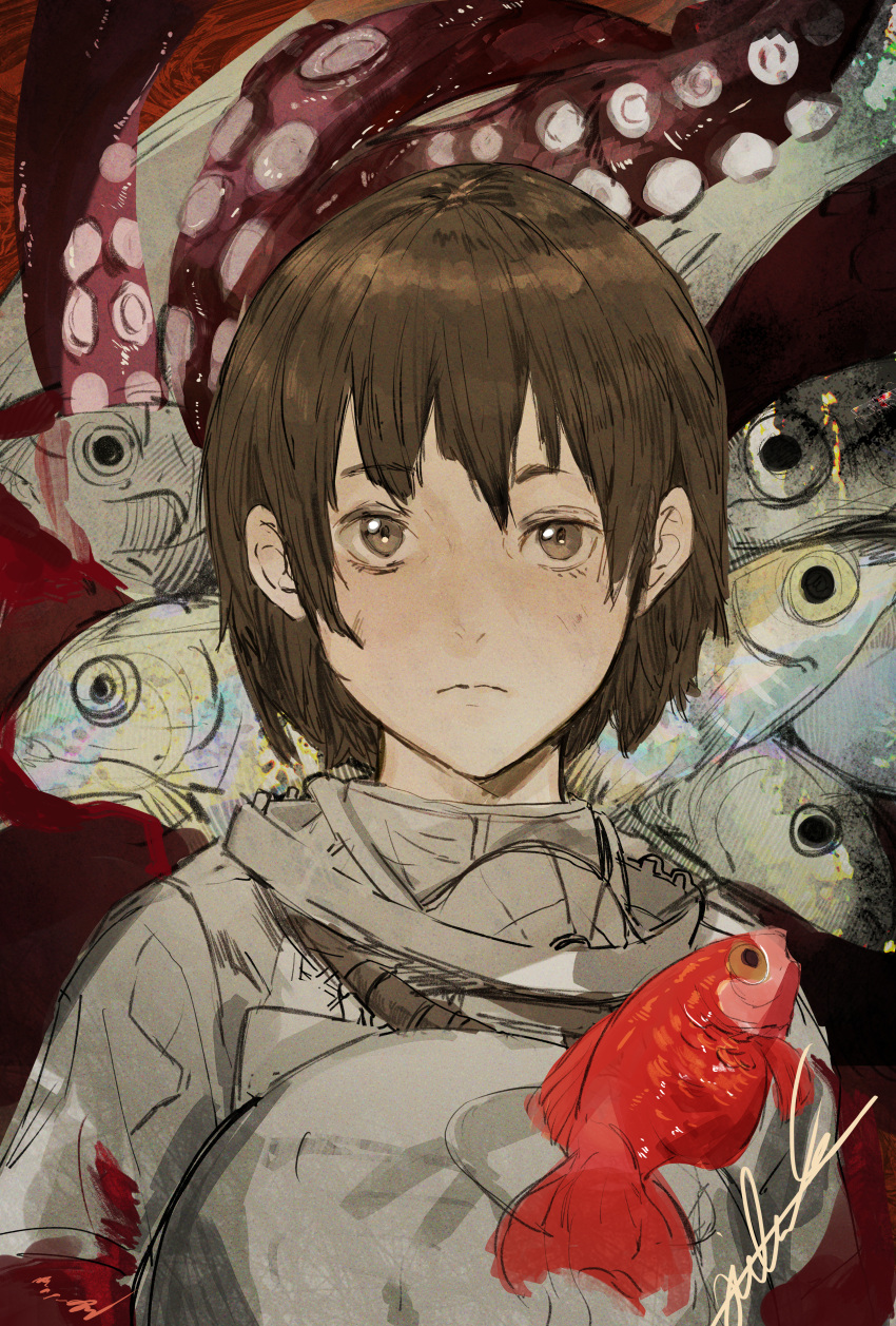 1boy absurdres brown_eyes brown_hair closed_mouth expressionless fish highres hiranko looking_at_viewer male_focus original short_hair solo tentacles upper_body