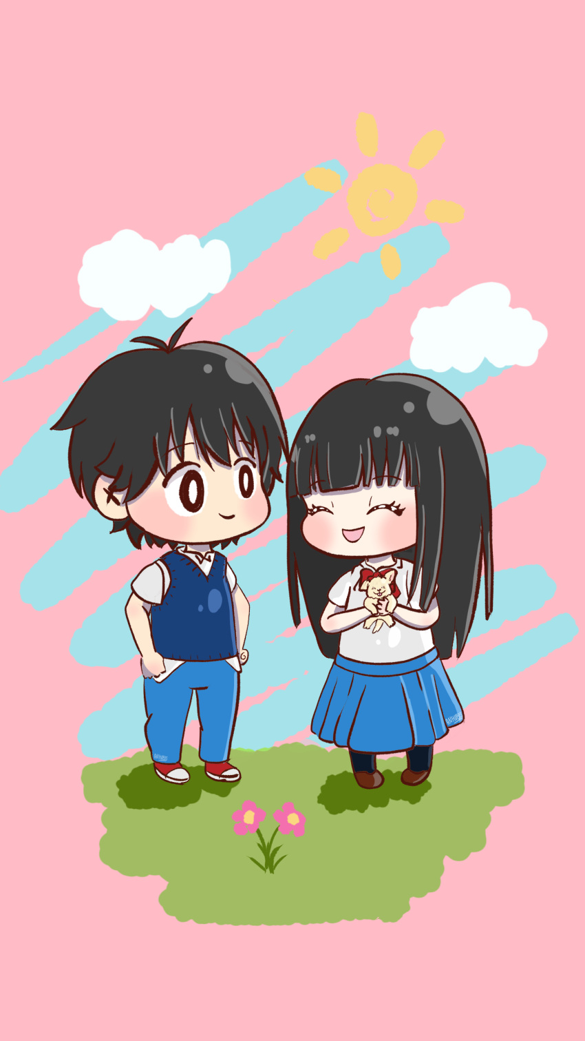 1boy 1girl :d absurdres animal black_eyes black_hair black_socks blue_pants blue_skirt blue_sweater_vest blush bow bowtie bright_pupils brown_footwear chibi closed_eyes closed_mouth cloud collared_shirt commentary_request day dog facing_another full_body grass hands_on_own_hips happy haru_(ahnu.bis) highres holding holding_animal holding_dog kazehaya_shouta kimi_ni_todoke kuronuma_sawako light_blue_background long_hair looking_at_another on_grass open_mouth outdoors pants pink_background pleated_skirt puppy red_bow red_bowtie red_footwear school_uniform shadow shirt shoes short_hair short_sleeves skirt smile socks standing summer_uniform sun sweater_vest two-tone_footwear untucked_shirt v-neck white_footwear white_pupils white_shirt