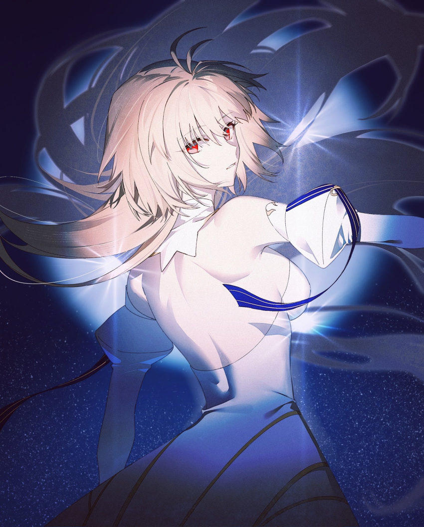 1girl ahoge archetype_earth backless_dress backless_outfit blonde_hair breasts detached_collar detached_sleeves dress from_behind highres idass_(idass16) large_breasts long_hair red_eyes starry_background tsukihime white_dress