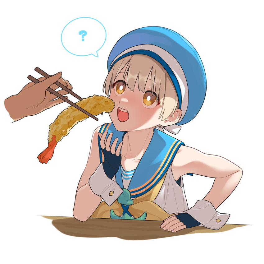 1boy ? black_gloves blonde_hair blue_headwear blue_sailor_collar chopsticks fingerless_gloves food gloves hand_up hat highres looking_at_another looking_up male_focus mubo open_mouth original otoko_no_ko ribbon sailor_collar sailor_hat school_uniform serafuku shirt shrimp shrimp_tempura simple_background sleeveless speech_bubble table tempura white_background white_shirt wooden_table wrist_cuffs yellow_eyes yellow_ribbon