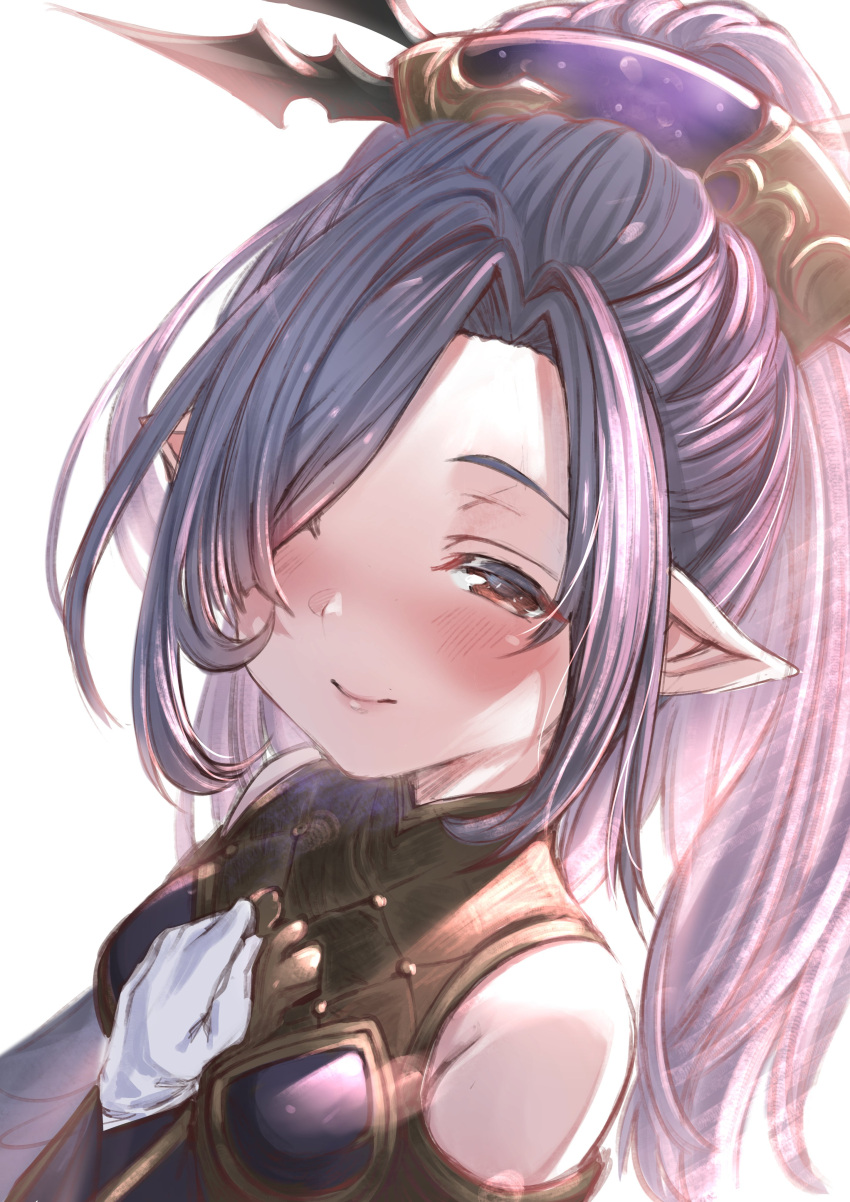 1girl absurdres aldehyde armor bare_shoulders breasts brown_eyes gloves granblue_fantasy harvin highres long_bangs long_hair looking_at_viewer niyon_(granblue_fantasy) pointy_ears purple_hair simple_background small_breasts smile solo white_background