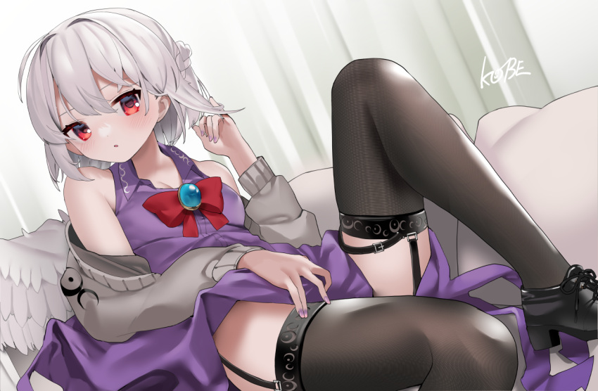 1girl :o artist_name bare_shoulders black_footwear black_thighhighs blue_gemstone bow bowtie brooch cardigan collared_dress commentary_request dress foot_out_of_frame garter_straps gem grey_cardigan hand_up jewelry kishin_sagume knee_up long_sleeves looking_at_viewer medium_hair off_shoulder open_cardigan open_clothes open_mouth pillow purple_dress purple_nails red_bow red_bowtie red_eyes sakaki_(utigi) single_wing sleeveless sleeveless_dress solo thighhighs touhou white_hair wings