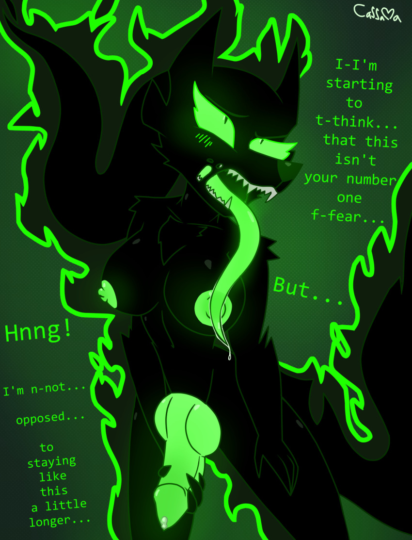 2023 anthro black_body blush blush_lines bodily_fluids breasts canid canine canis cassava dialogue genital_fluids genitals glowing glowing_genitalia glowing_penis green_background green_eyes green_nipples green_penis gynomorph hi_res intersex knot living_shadow living_the_dream_(kickass222urmom) long_tongue mammal masturbation nightmare_(ltd) nipples penis precum sharp_teeth simple_background solo standing tail teeth text tongue wolf