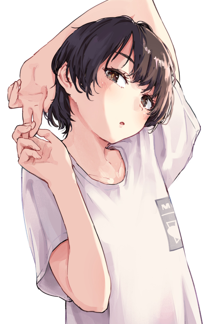 1girl arm_over_head black_eyes black_hair blush collarbone d: head_tilt highres interlocked_fingers looking_at_viewer original ryuunosuke_(luckyneco) shirt short_hair short_sleeves sideways_glance simple_background solo t-shirt white_background white_shirt