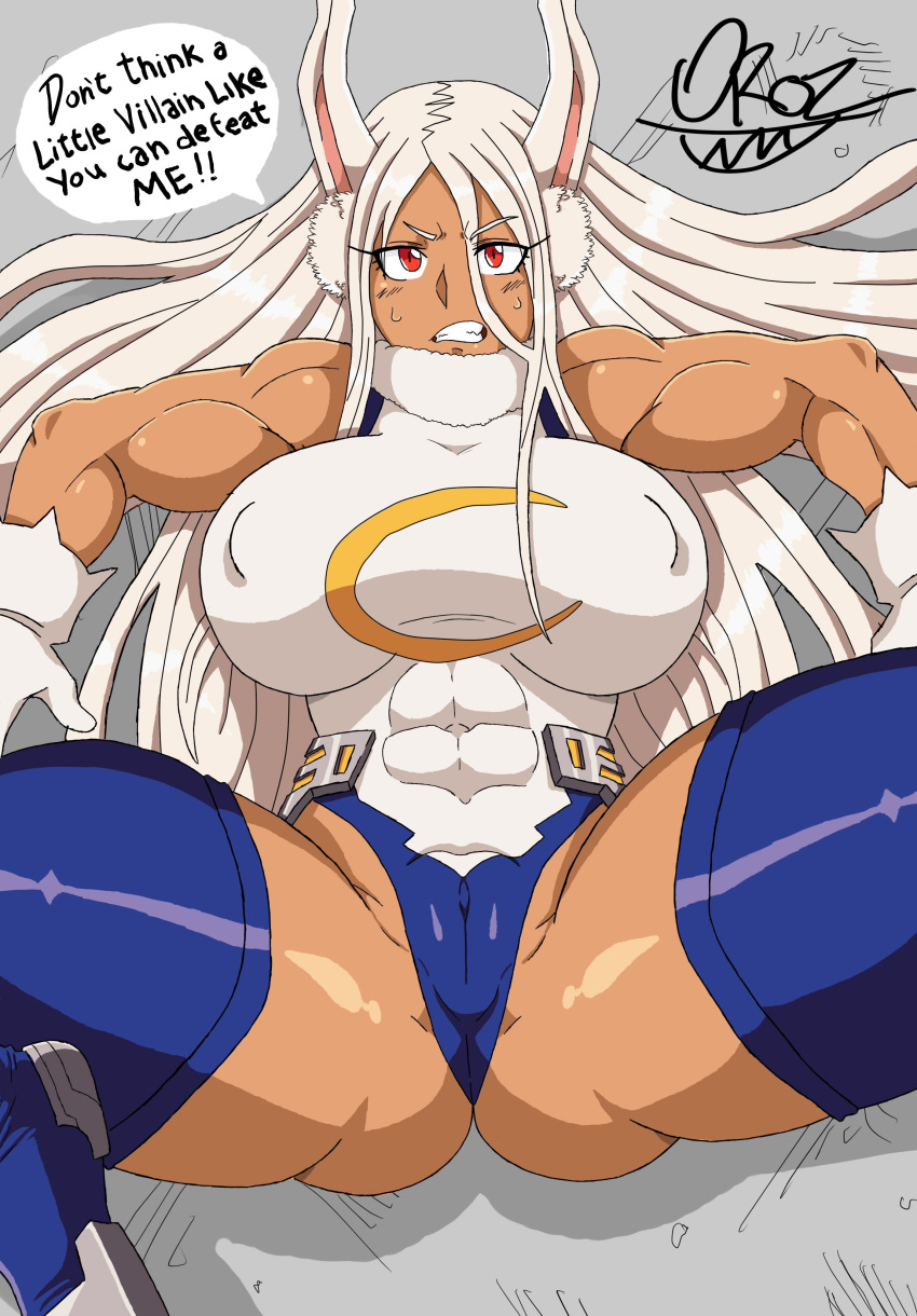 abs absurd_res animal_ears animal_humanoid areola big_breasts blue_clothing blue_legwear blue_thigh_highs bodily_fluids breasts butt_from_the_front camel_toe clothing dark_body dark_skin dialogue female fur gloves grey_background hair handwear hi_res huge_breasts humanoid lagomorph lagomorph_humanoid legwear leotard leporid_humanoid long_hair looking_at_viewer lying mammal mammal_humanoid miruko muscular muscular_female my_hero_academia navel_outline nipple_outline nipples on_back oroz_kun rabbit_humanoid red_eyes simple_background solo speech_bubble spread_legs spreading sweat sweatdrop talking_to_viewer text thick_thighs thigh_highs white_body white_clothing white_fur white_gloves white_hair white_handwear white_leotard wide_hips