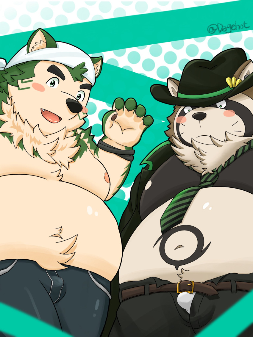 anthro belly belt blush bulge canid canine canis clothing dagehot domestic_dog duo eyebrows fur green_body green_fur hi_res lifewonders live_a_hero male mammal mokdai navel necktie overweight raccoon_dog shirtless shoen tanuki thick_eyebrows underwear