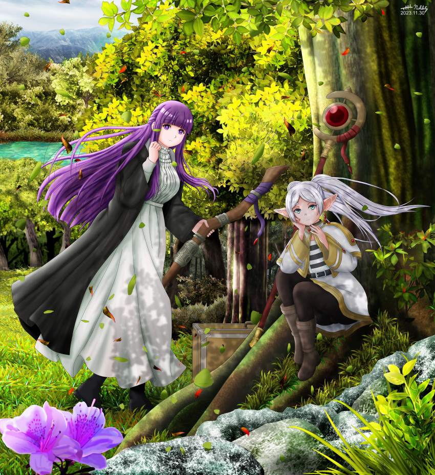 2girls absurdres against_tree black_coat black_footwear black_pantyhose blunt_bangs boots capelet closed_mouth coat cut_bangs dangle_earrings dated day dress earrings elf fern_(sousou_no_frieren) flower forest frieren green_eyes highres holding holding_staff jewelry long_hair long_sleeves looking_at_viewer mage_staff mountain multiple_girls nature nihility outdoors panties panties_under_pantyhose pantyhose parted_lips pointy_ears purple_eyes purple_hair river shirt signature sitting sousou_no_frieren staff standing straight_hair tree underwear upskirt white_capelet white_dress white_panties white_shirt
