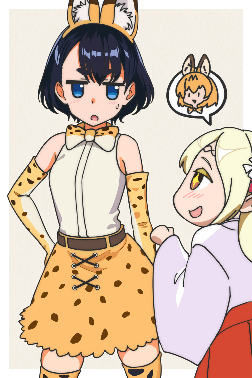 +_+ 2girls animal_ears animal_print black_hair blonde_hair blue_eyes commentary cosplay edomae_elf elbow_gloves eldali_ilma_fanomenel fake_animal_ears gloves highres kemono_friends koganei_koito mocchisake multiple_girls ozaki_yuka serval_(kemono_friends) serval_(kemono_friends)_(cosplay) short_hair simple_background sleeveless spoken_character sweatdrop thighhighs voice_actor_connection zettai_ryouiki