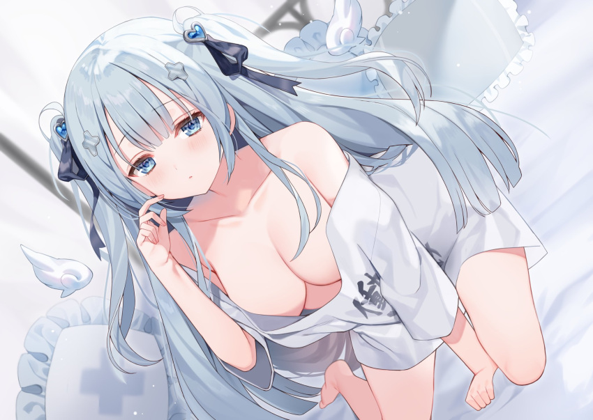 1girl alternate_costume bed blue_eyes blue_hair blurry blurry_background blush breasts collarbone commentary_request curtains hair_ornament highres indie_virtual_youtuber large_breasts long_hair looking_at_viewer p_(p25234112) pillow seiza shirt sitting solo t-shirt virtual_youtuber waking_up wings yuha_uyu