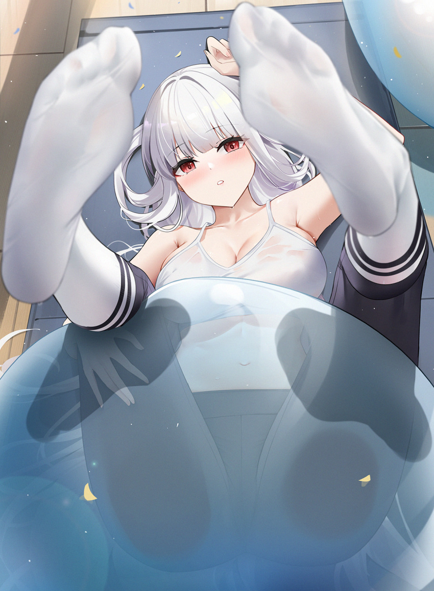 1girl ass azur_lane ball black_pants blush breasts cleavage collarbone commentary_request exercise_ball full_body highres large_breasts long_hair looking_at_viewer lying marseillaise_(azur_lane) marseillaise_(fighting_angel's_regimen)_(azur_lane) no_shoes official_alternate_costume pants presenting_foot qing_wu red_eyes sitting socks soles solo sports_bra sweat very_long_hair white_hair white_socks white_sports_bra yoga_pants