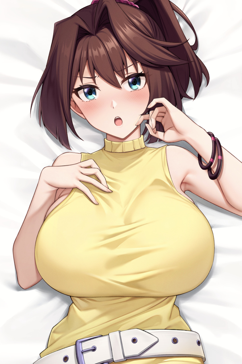 1girl absurdres bed_sheet belt blue_eyes blush bracelet breasts brown_hair curvy dakimakura_(medium) hair_between_eyes hair_intakes highres jewelry kannko_bokujou large_breasts long_hair looking_at_viewer lying mazaki_anzu on_back open_mouth ponytail shirt short_hair sleeveless sleeveless_shirt solo upper_body yellow_shirt yu-gi-oh!