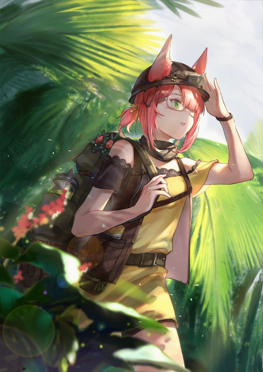 1girl absurdres animal_ear_fluff animal_ears arknights backpack bag bracelet brown_bag brown_headwear brown_vest chinese_commentary commentary_request cowboy_shot ears_through_headwear fox_ears ginnnn- glasses green_eyes hair_over_one_eye hand_on_headwear hat headlamp highres holding_strap jewelry leaf lens_flare lips looking_ahead myrrh_(arknights) myrrh_(bitter_herbs)_(arknights) off-shoulder_shirt off_shoulder one_eye_covered open_clothes open_vest parted_lips pink_hair plant semi-rimless_eyewear shirt shorts solo vest yellow_shirt yellow_shorts