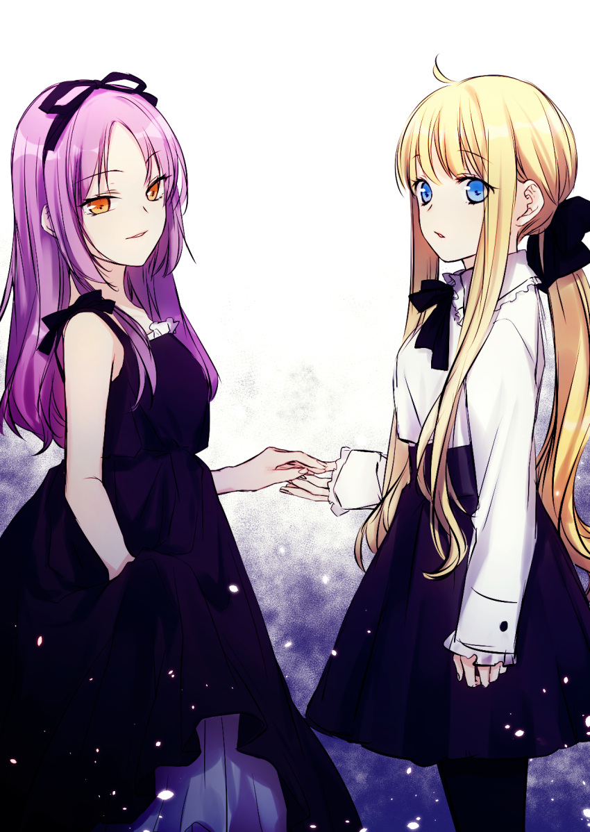 2girls black_dress black_ribbon black_skirt blonde_hair blue_eyes dress eiyuu_densetsu hair_ribbon highres looking_at_viewer multiple_girls neck_ribbon orange_eyes parted_bangs parted_lips pink_hair ponytail renne_(eiyuu_densetsu) ribbon sen_no_kiseki sen_no_kiseki_iii shirt shirt_tucked_in skirt smile soap_(user_kghh4755) tita_russell white_shirt