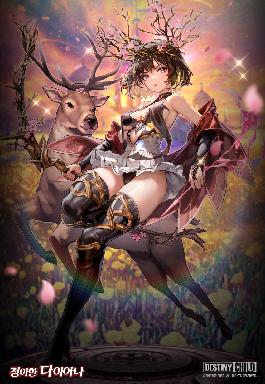 1girl animal bare_shoulders black_footwear black_leotard blue_eyes boots bow_(weapon) breasts brown_hair character_name deer destiny_child flower green_hair hair_between_eyes high_heel_boots high_heels highres holding holding_bow_(weapon) holding_weapon korean_text leotard looking_at_viewer ludaf medium_breasts multicolored_hair official_art parted_lips petals pink_flower short_hair solo sparkle thigh_boots torn_clothes weapon