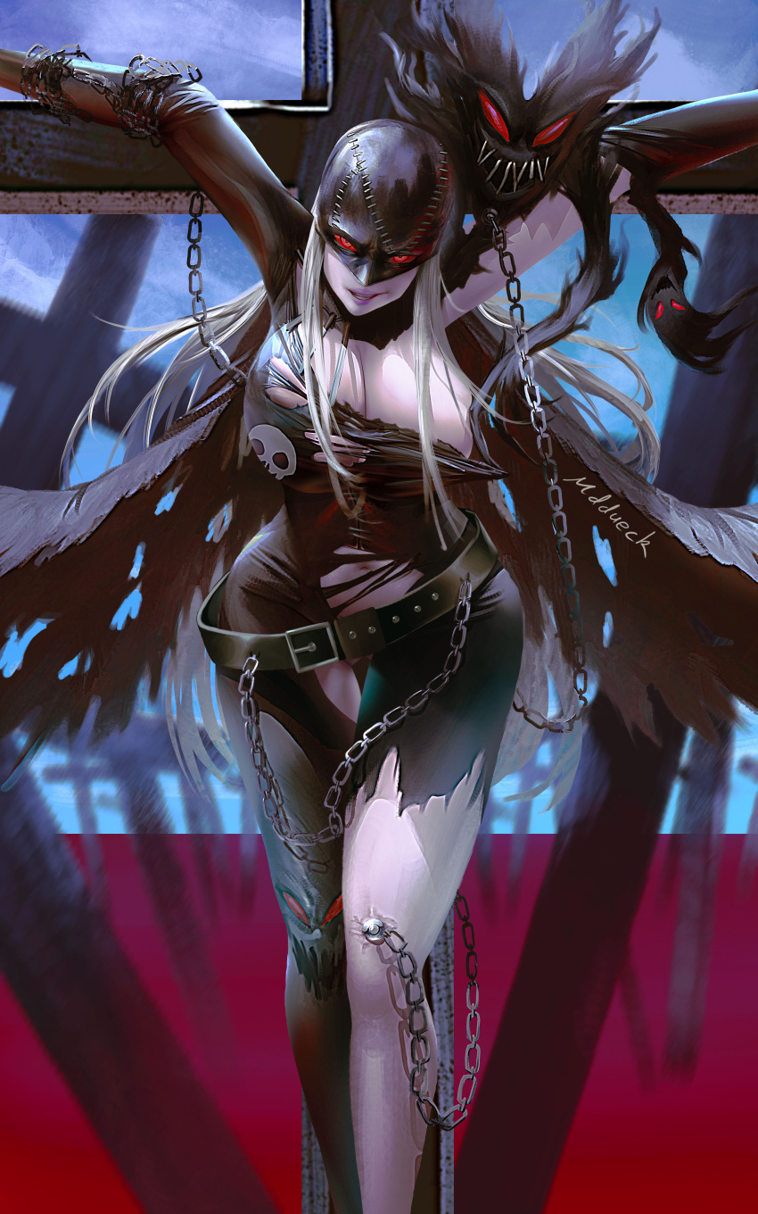 1girl absurdres belt black_belt blood breasts chain chained cleavage cross crucifixion demon demon_girl digimon digimon_(creature) fallen_angel highres ladydevimon large_breasts living_clothes long_hair looking_at_viewer mddueck ocean pale_skin red_eyes revealing_clothes solo torn_clothes white_hair