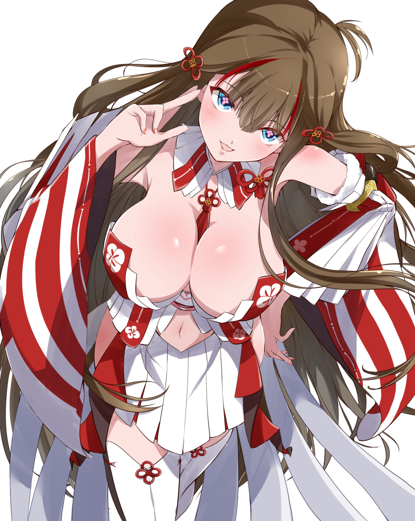 +_+ 1girl absurdres bare_shoulders between_breasts blue_eyes blush breasts brown_hair chinese_knot cleavage detached_collar detached_sleeves earrings fingernails floral_print flower-shaped_pupils flower_knot highres japanese_clothes jewelry large_breasts long_hair looking_at_viewer multicolored_hair navel neck_tassel open_mouth red_hair revealing_clothes ryou.r senran_kagura senran_kagura_new_link smile solo streaked_hair symbol-shaped_pupils tassel toki_(senran_kagura) tongue wide_sleeves