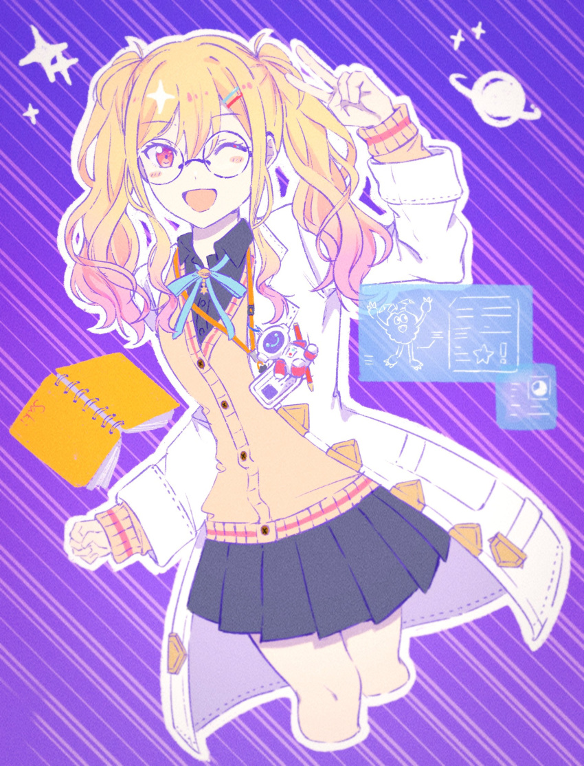 1girl :o absurdres aqua_bow aqua_bowtie bell black_skirt blonde_hair blue_shirt blush bookmark bow bowtie brown_footwear cardigan charm_(object) coat collared_shirt commentary get_over_it._(project_sekai) glasses gradient_hair hair_ornament hairclip heart highres holding id_card jingle_bell kz_on3 lab_coat lanyard long_hair long_sleeves looking_at_viewer multicolored_hair notebook one_eye_closed open_collar open_labcoat open_mouth pink_cardigan pink_eyes pink_hair project_sekai rimless_eyewear round_eyewear scientist shirt skirt socks star_(symbol) sweater tenma_saki twintails v wavy_hair white_coat yellow_cardigan yellow_sweater