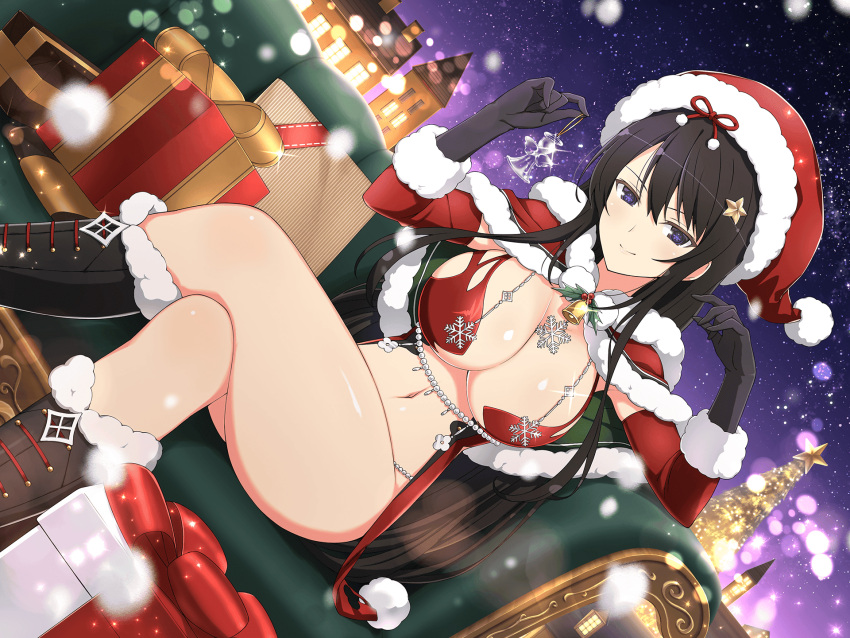 1girl angel beads bikini black_eyes black_gloves black_hair blush boots box breasts building capelet christmas christmas_lights christmas_ornaments christmas_present christmas_tree city_lights cityscape cleavage couch fur-trimmed_headwear fur_trim gift gift_box gloves hair_ornament hat highres holly jewelry kagura_(senran_kagura) large_breasts lingerie long_hair looking_at_viewer navel official_alternate_costume official_art red_capelet red_headwear revealing_clothes santa_bikini santa_costume santa_hat senran_kagura senran_kagura_new_link sky snow solo star_(sky) star_(symbol) star_hair_ornament starry_sky swimsuit symbol-shaped_pupils tower underwear wide_hips yaegashi_nan