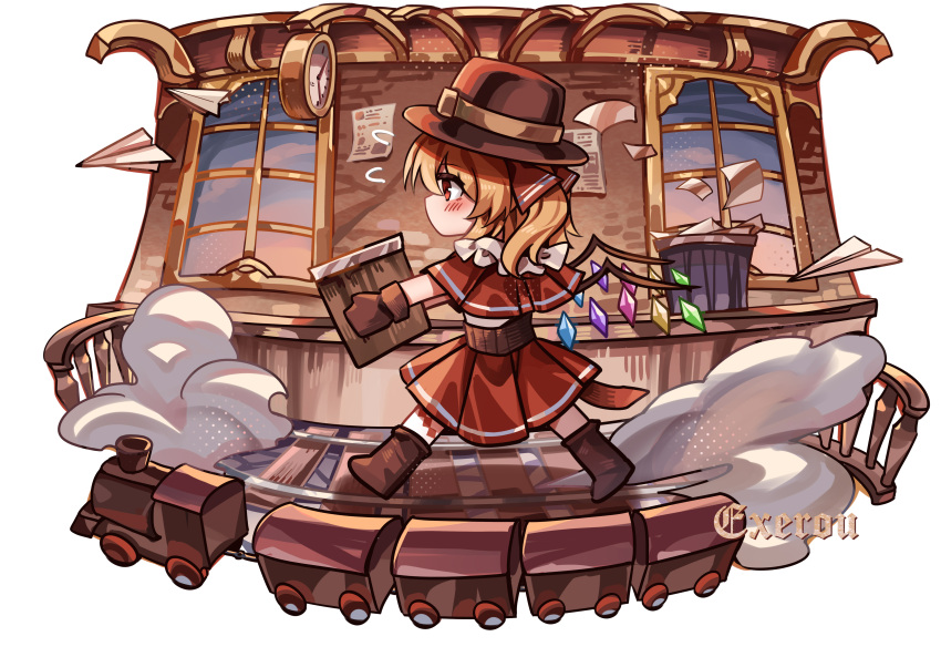 1girl absurdres blonde_hair brown_gloves commentary_request crystal flandre_scarlet flying_sweatdrops from_side full_body gloves hat hat_ribbon highres one_side_up paper paper_airplane red_ribbon ribbon signature solo top-exerou touhou train train_station window wings