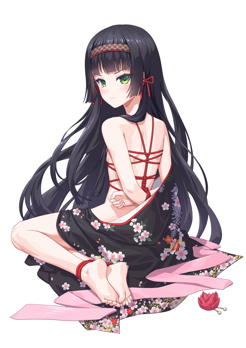 1girl angry annoyed arms_behind_back barefoot bdsm bishoujo_mangekyou black_hair black_kimono blunt_bangs blush bondage bound bound_arms bow clothes_down flower glaring green_eyes hair_bow hair_flower hair_ornament hairband headwear_removed highres hime_cut japanese_clothes kimono lgmt long_hair looking_at_viewer looking_back lotus multiple_hair_bows naked_kimono no_shoes obi petite print_kimono red_bow red_flower renge_(bishoujo_mangekyou) sash shibari soles solo toes very_long_hair