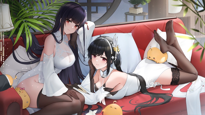 2girls azur_lane bare_shoulders blunt_bangs breasts character_request chen_hai_(azur_lane) couch detached_collar dress hair_ornament highres large_breasts long_hair looking_at_viewer manjuu_(azur_lane) multiple_girls off-shoulder_dress off_shoulder on_couch plant qing_wu red_eyes smile soles thighhighs thighs very_long_hair yat_sen_(azur_lane)