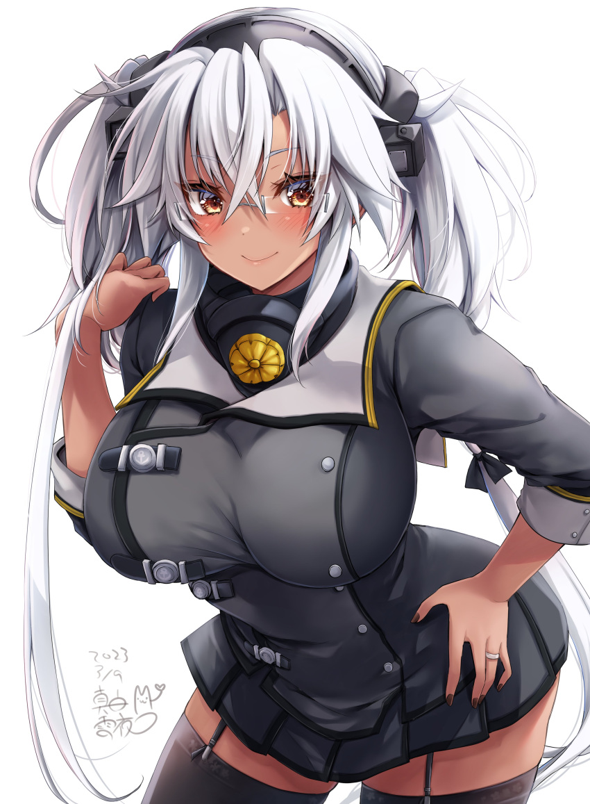 1girl absurdres black_nails blush breasts brown_eyes closed_mouth commentary_request dark-skinned_female dark_skin dated glasses grey_hair hair_between_eyes headgear highres jewelry kantai_collection large_breasts long_hair long_sleeves looking_at_viewer mashiro_yukiya musashi_(kancolle) musashi_kai_ni_(kancolle) rectangular_eyewear red_eyes ring semi-rimless_eyewear signature skirt smile solo thighhighs twintails very_long_hair white_background white_hair zettai_ryouiki